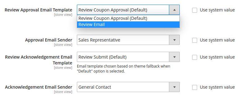 Select Send Review Acknowledgement to Customer dropdown to Yes to send a product review acknowledgement mail to customer/guest. If No is selected, the notification will not be sent.
