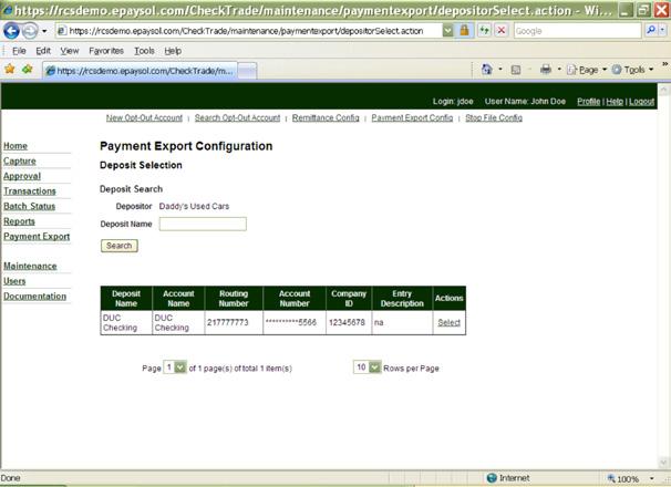 Payment Export Config When the user selects Payment Export Config the following screen will appear.