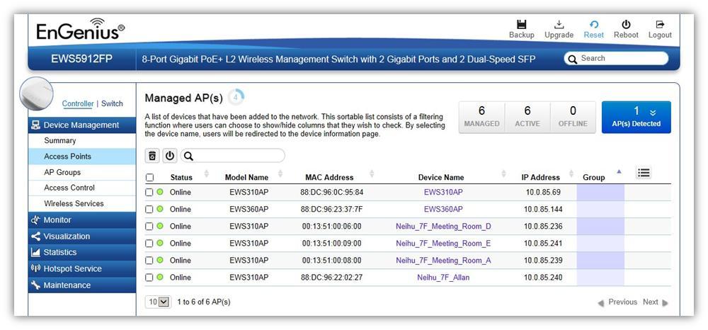 Access Points This page displays the status of all EWS Access Points that your Controller is currently managing as well as all the EWS Access Points in the network that the Controller has discovered.