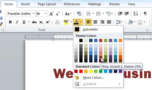 A live preview of the color will appear in the document. Changing the font color 4. Select the font color you wish to use.