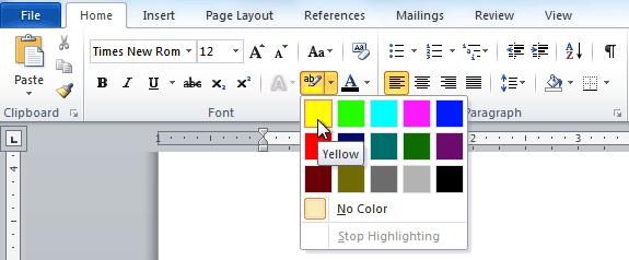 To Highlight Text: 1. From the Home tab, click the Text Highlight Color drop-down arrow. The Highlight Color menu appears. Choosing a highlight color 2. Select the desired highlight color. 3.