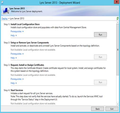 Step1 Install Local Configuration Store (will install RtcLocal) Run Retrieve Directly from the CMS Next (5 minutes on new lab system) Step2 Setup Lync Server components (will install Speechfiles,