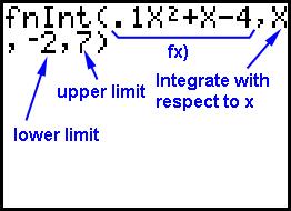 Appendix AH, page 3 The screen shown here appears. Either press 9 or DOWN ARROW down to it. Press ENTER. fnint( will appear on the screen. Enter the definite integral as shown here and press ENTER.