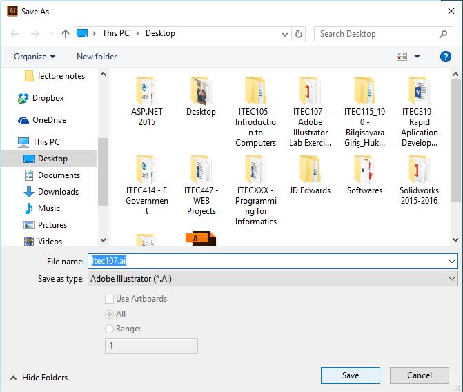 Creating A New Document In the Save As dialog box, leave the name as Itec185.ai and navigate to the T > YourFolder*.