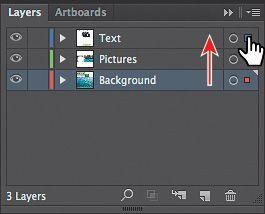 7. With the Text.psd image selected, drag the selected art indicator (the colored box) in the Layers panel up to the Text layer to move the image to the Text layer. 8.