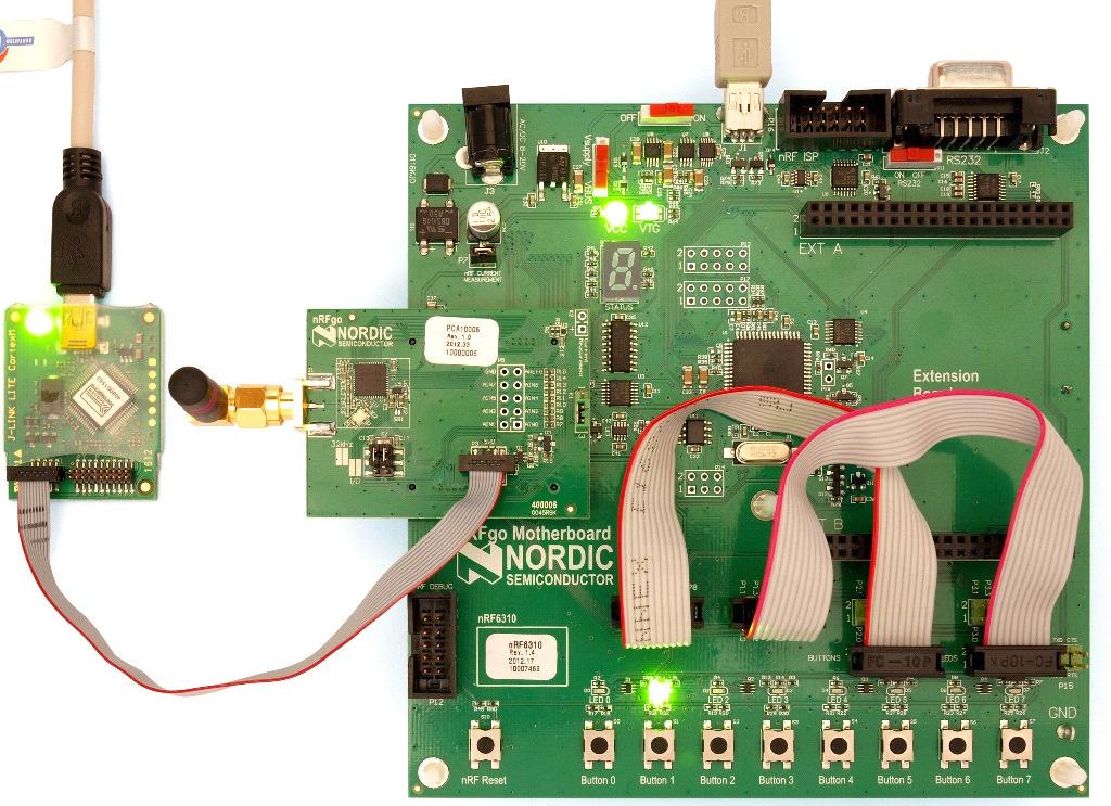 Figure 2: nrf51822 microcontroller with J-link debugger mounted on nrfgo motherboard 2.3.1.2 S110 soft Device The S110 is pre-compiled and linked binary software implementing the Bluetooth low energy 4.