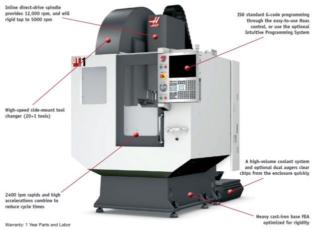 Major Equipment Phase I: 4-axis CNC Milling Machine A Haas DT-1 CNC mill with 4 th axis rotary table (HRT160) was acquired for fabricating metal and plastic parts.
