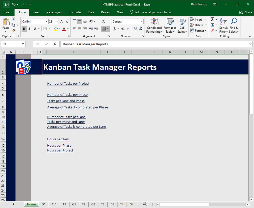 5 STATISTICS Kanban Task Manager data can be studied in different Excel reports. You can reach the statistics by pressing the Statistics button in the Kanban Task Manager toolbar.