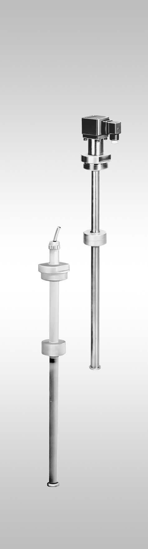 Level Transmitter Construction The GEMÜ level transmitter has an immersion tube with reed contacts and a chain of resistors which are triggered by a float with