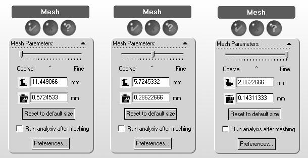 Figure 2-13: Three choices for mesh density: coarse (left), medium (center), and fine (right) Medium density is the default choice offered by the COSMOSWorks mesher.