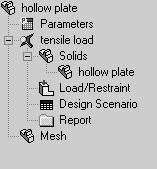Figure 2-6: Study folder COSMOSWorks automatically creates a Study folder, called tensile load, with the following items: Solids folder, Load/Restraint folder, Design Scenario icon, and Report folder.