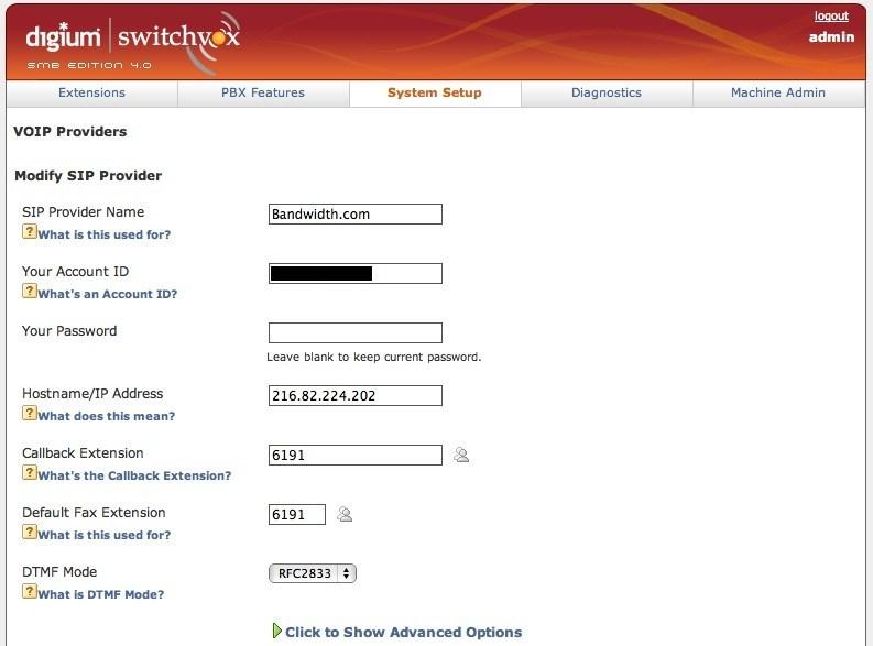 Once logged into your Switchvox server follow these steps to configure Bandwidth.