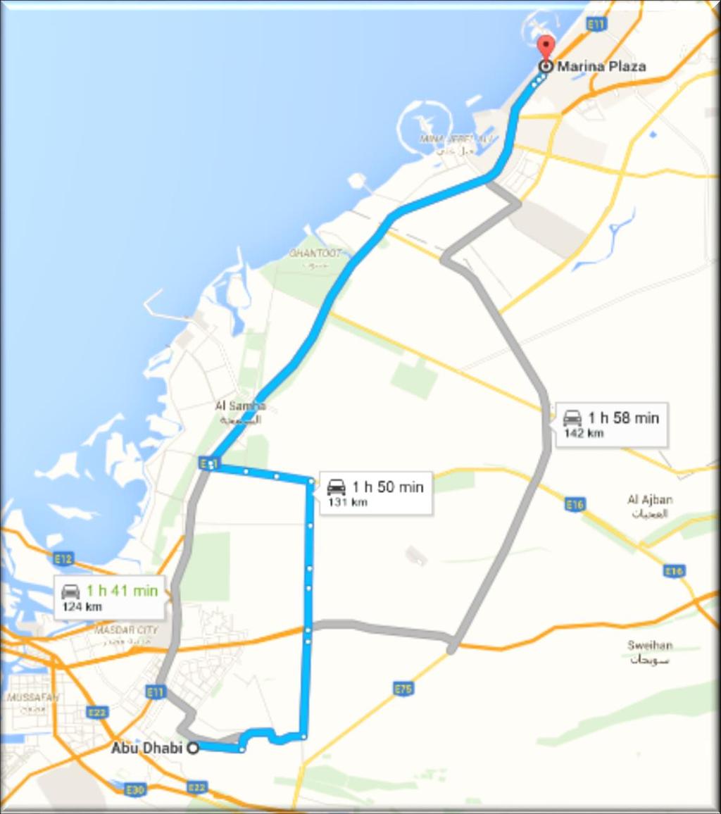 Via E16 Road and E11/ Sheikh Zayed Road 1) via E16 and E11 3) Continue on Al Marsa St Turn left onto Al Gharbi