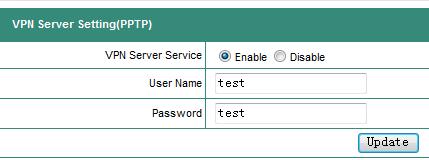 VPN Server Configuration for PPTP (Point-to-Point Tunnel Protocol) VPN Server: You may enable or disable VPN Server Service. UserName: For remote user when connected to VPN server.