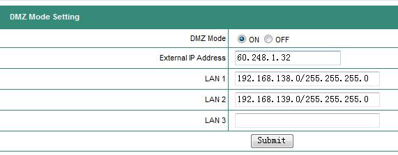 DMZ mode: You can enable DMZ mode or disable. External IP Address: External address can be accessed by facilities from Internet.