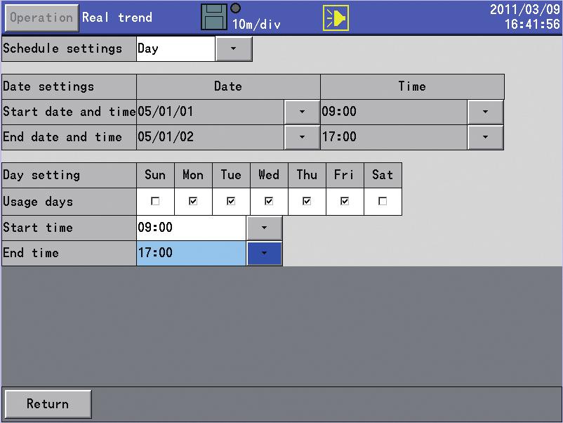 upper limit, diff. lower limit, and error data. Recording start/stop schedules can be set.