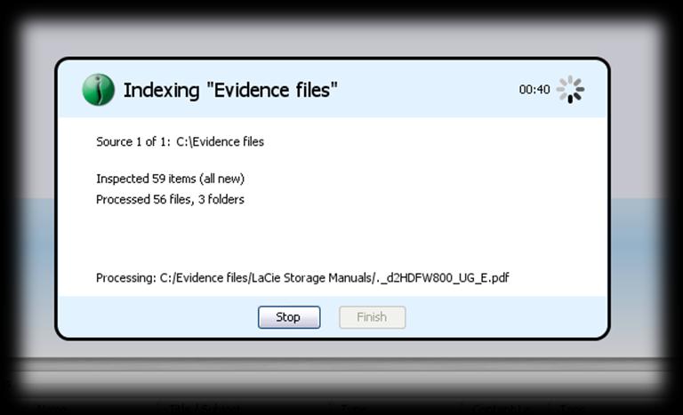 Note: During indexing, you will see a dialog displaying which file is currently being processed, as well as some statistics.