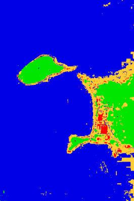 Figure 5: The classified image obtained using Maximum Likelihood classifier for Merbok River estuary (Green = Forest, Blue = Water, Orange = Land, and Red =Urban) (C) Area C The Kappa coefficient and