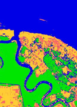 Figure 6: The classified image obtained using Maximum Likelihood classifier for Merbok River estuary (Green = Forest, Blue = Water, Orange = Land, and red = Urban) Reference Bruzzone, L., Cossu, R.