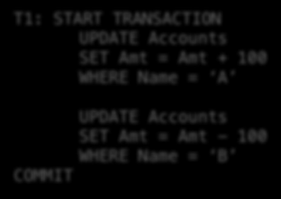 Example- consider two TXNs: T1: START TRANSACTION UPDATE Accounts SET Amt = Amt +