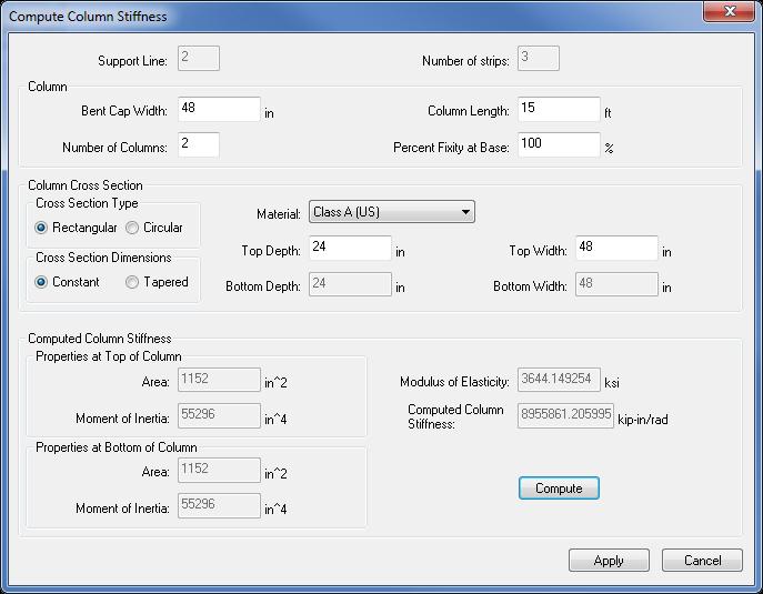 Select the Compute button to open the Compute Column Stiffness dialog. Click on the Compute button to compute the column stiffness coefficient.