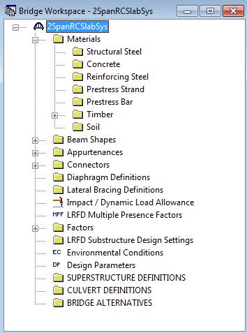 To enter the materials to be used by members of the bridge, expand the tree for Materials. The tree with the expanded Materials branch is shown below.