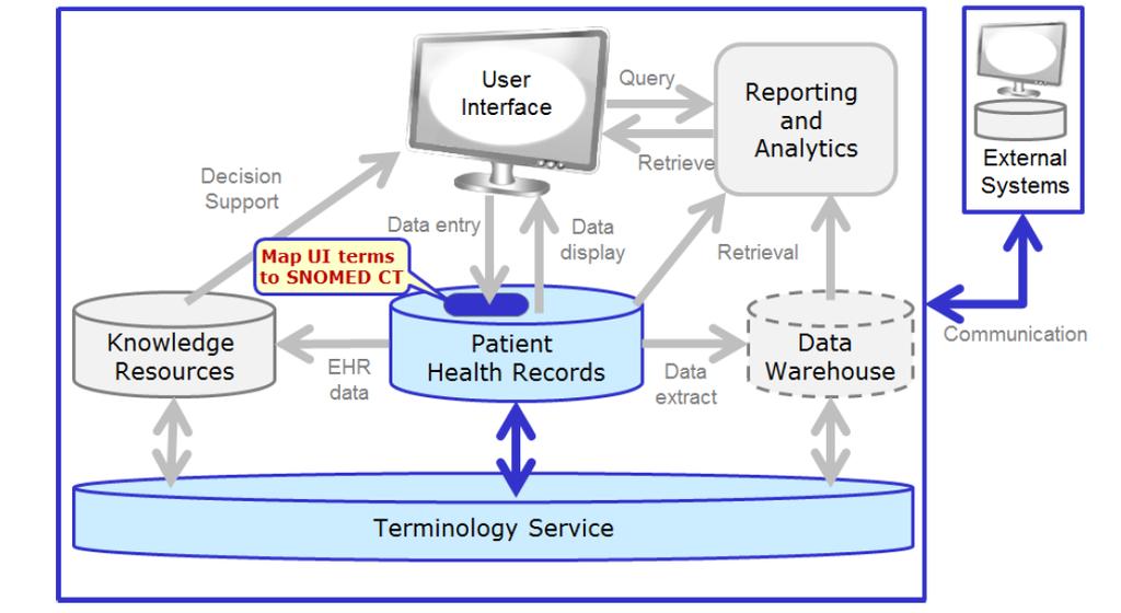 A Code System for Clinical Data in the EHR Benefits No change to terms that clinicians are used to seeing in the user interface Patient data stored using SNOMED CT concepts Communication using shared