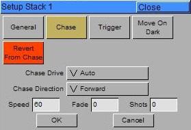 Cues, Stacks and Pages Chase Options Select the [Chase] button in the Cue Stack Setup Window. Turn Into Chase To turn the cue stack into a chase - select the [Turn into Chase] key on the touch screen.