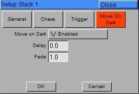 Cues, Stacks and Pages Move on Dark Options Select the [Move on Dark] button in the Cue Stack Setup Window.