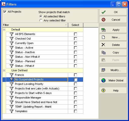 Filters A filter is a set of instructions that determines which activities/projects to display.