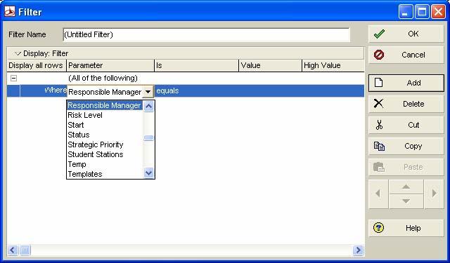 Resp Manager) 3. Click inside the box under the column labeled Parameter to choose how you will set up your filter. (Ex. Responsible Manager) 4. Select an option under the Is column. (Ex. equals) 5.