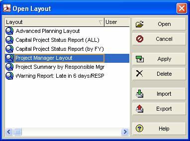 Opening an Existing Layout in the Activities Window Users can choose from a number of layouts to present project information from different perspectives.