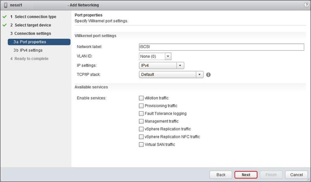 Create ESXi iscsi software adapter 7. Type a Network label for the new VMkernel port. Click Next. 8.
