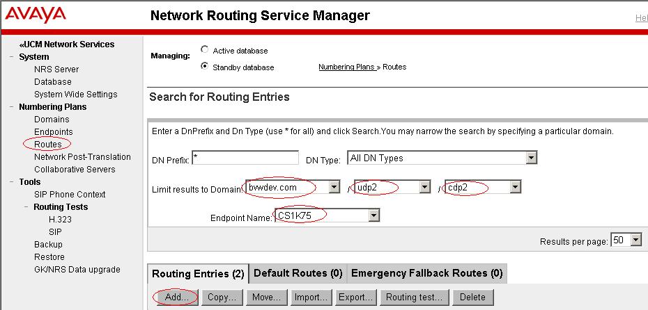 While configuring routing information for the endpoints, two routes need to be configured. The routes are configured for a CS1000 and Office-LinX system.