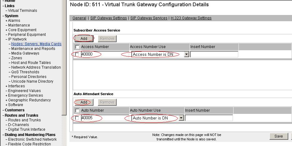 Figure 25 shows the Subscriber Access Service number and Auto Attendant Service number configured. The values 40000 and 40005 are example values used during solution testing.