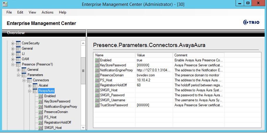 The completed configuration screen for Presence (Presence1) Parameters