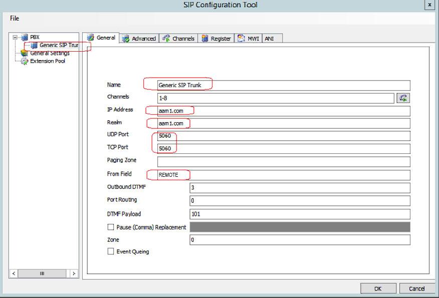 Figure 30 shows the General tab of the SIP Configuration Tool. Fields circled in red are populated by user.