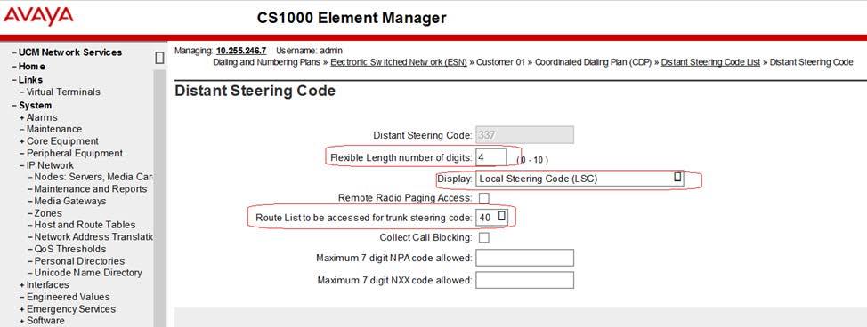 To configure the DSC using EM, go to Dialing and Numbering Plans > Electronic Switched Network > Coordinated Dialing Plan (CDP) > Distant Steering Code (DSC) (see Figure 5).