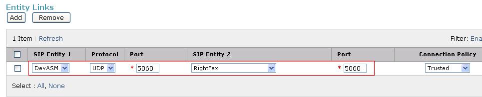 Under the Entity Links section, add DevASM as SIP Entity 1 and RightFax as SIP Entity 2 with UDP Protocol and 5060 as Port. Click on Commit (not shown) to complete adding the SIP Entity.