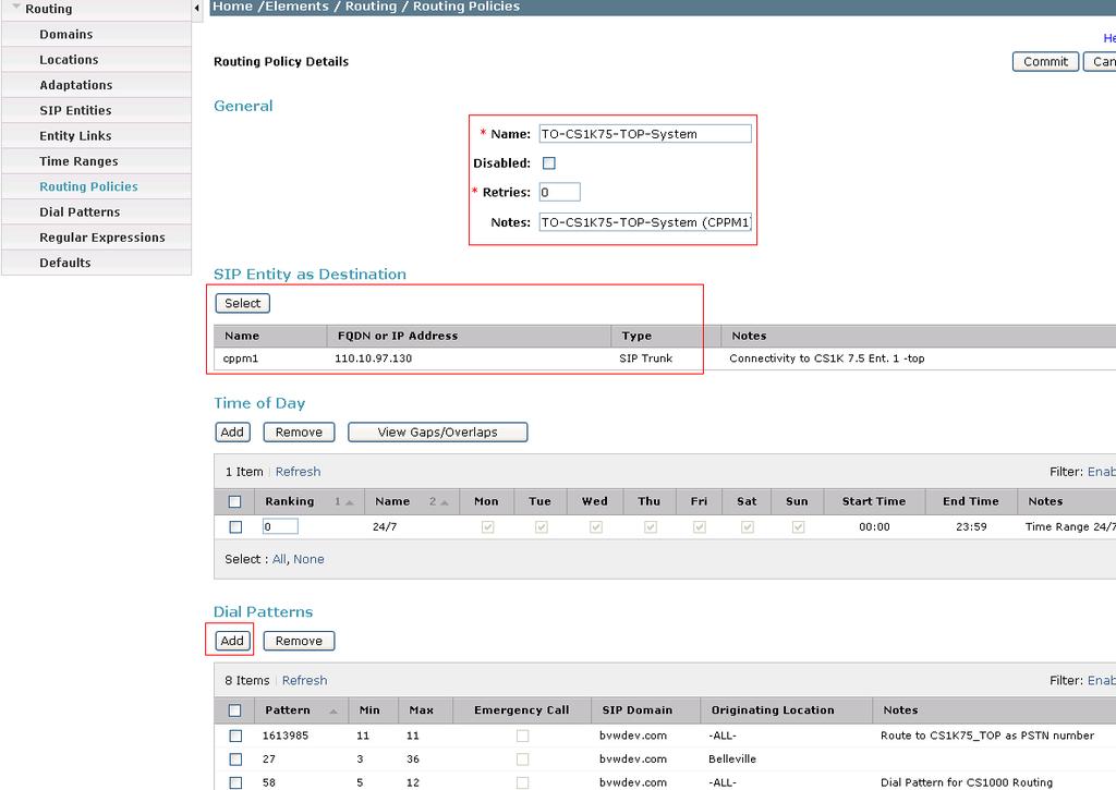 Screen below shows the Routing Policy Details for the Communication Server 1000 System. Enter a descriptive name in the Name field and include some notes in the Notes field if required.
