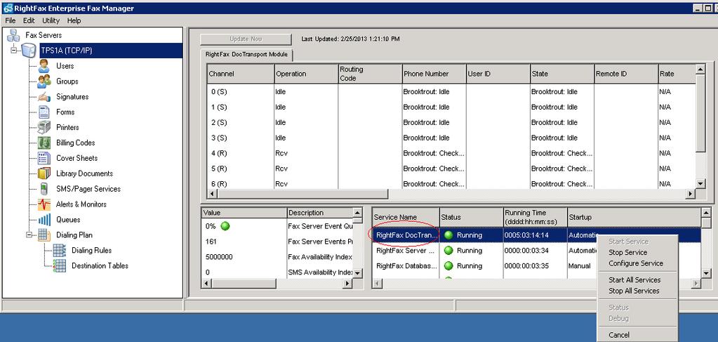 At the main window, highlight the host name of the fax server (created during the installation process) from the navigation menu in the left pane: 2.