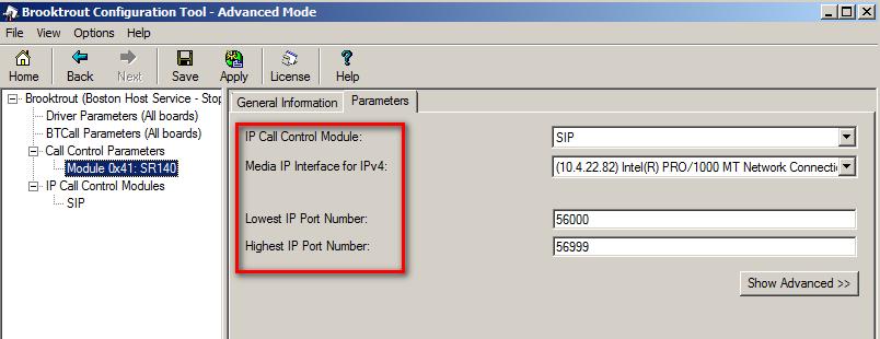 10. Configure Call Control Parameters Navigate to Brooktrout Call Control Parameters Module 0x41: SR140 in the left navigation menu.
