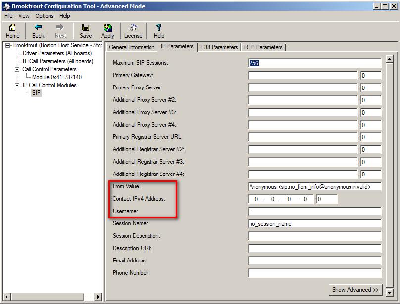 11. Configure SIP IP Parameters Navigate to Brooktrout IP Call Control Modules SIP in the left navigation menu. Select the IP Parameters tab in the right pane.