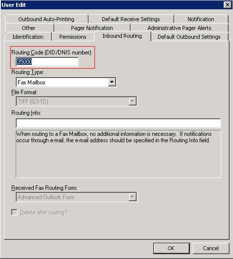 19. Configure Users Inbound Routing On the Inbound Routing tab, the Routing Code field is set to the fax number of the recipient.