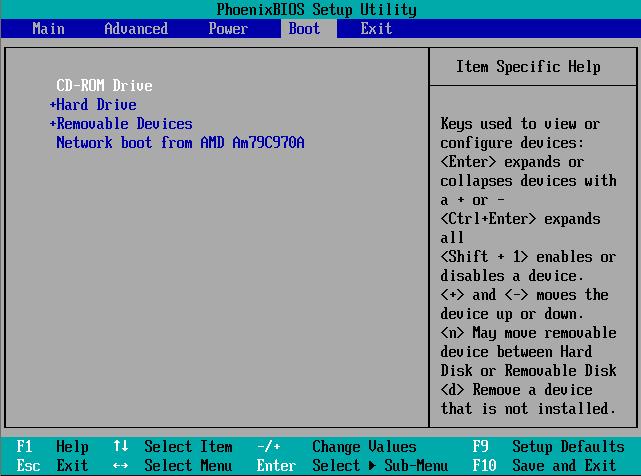 3. Find the sub menu of the BIOS Setup Utility, which specifies the Boot Order. Notice that the (PXE) Network Boot is below the Hard Drive as shown below. This is the typical boot sequence.