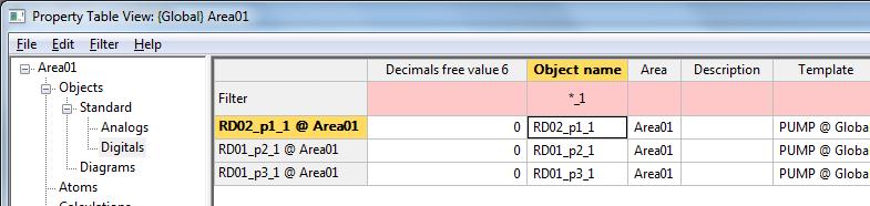 6. In the left pane of the Property Table View form, click + Objects > Standard > Analogs and locate the RD01_t1_1 object.