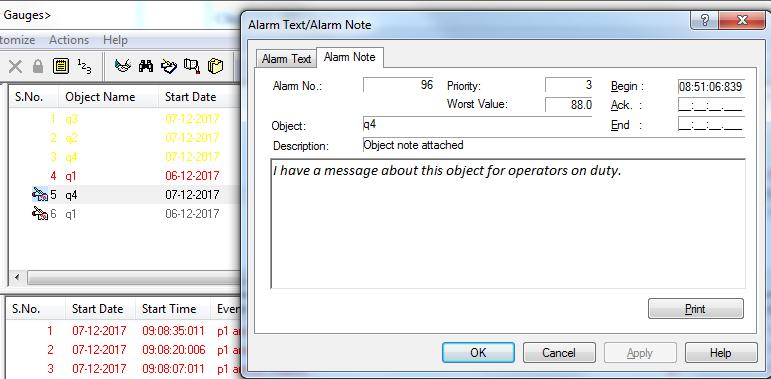 In the Object Properties form s Object Note tab enter the message in the blank field under By user.