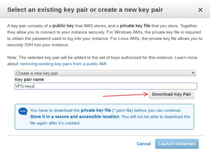 On final page click Launch You will be requested to create new or select existing key pair, it is required to obtain system password in order to be able