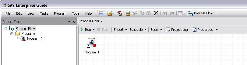 To view the process flow and then run the program, select the Process Flow shortcut on the menu bar. Notice that a code node, Program_1 is added to your Process Flow and Project Tree views.
