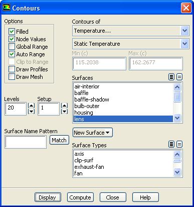 3. Display contours of static temperature. Graphics and Animations Contours Set Up... (a) Enable Filled in the Options group box. (b) Disable Global Range in the Options group box.